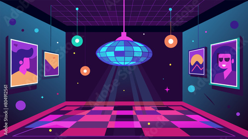 The next corner is a tribute to the golden age of disco with a glittering dance floor and a disco ball hanging from the ceiling. The walls are adorned Vector illustration