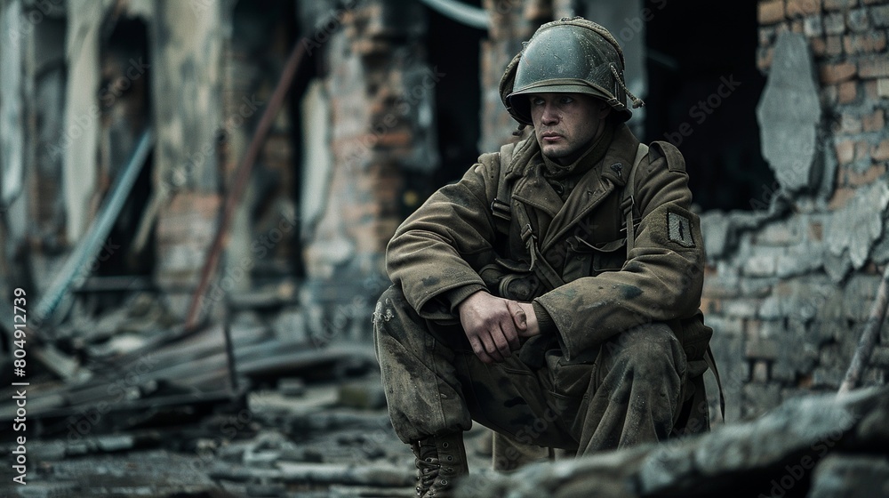 A Soldier Sitting In Solitude And Severe Depression And Shock , He is In Deep Introversion And Shock By The War Fight . Post war Scenes