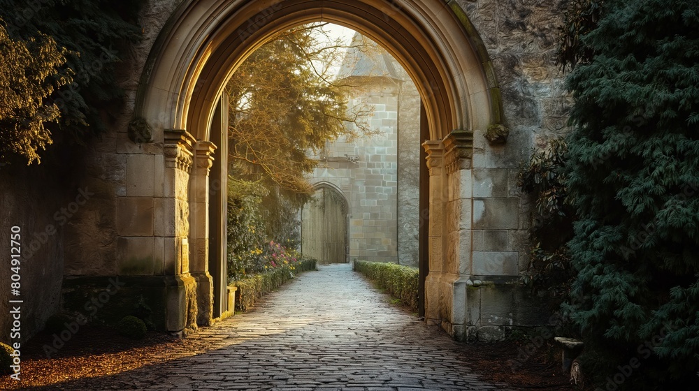 Gate of an abandoned ancient castle against the background of the sky and forest Gate of an abandoned ancient castle against the background of the sky and forest