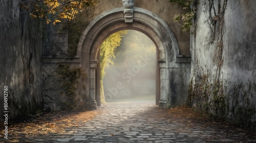 Gate of an abandoned ancient castle against the background of the sky and forest