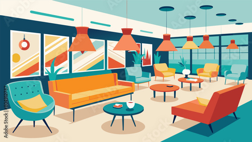 A showroom filled with stunning refurbished midcentury modern furniture each piece customfinished and brought back to its original splendor.. Vector illustration
