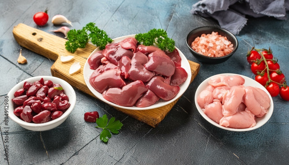 Raw chicken giblets raw poultry meat set  liver, stomach and heart