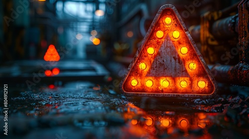 A triangle warning sign on a wet street. photo