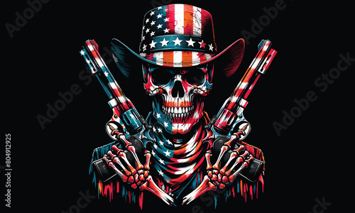 4th Of July, Skull, USA Flag With Guns, Vintage T-Shirt Design.