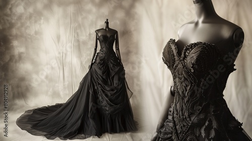 Beautiful stylish women's dress in a gothic style in black on a mannequin