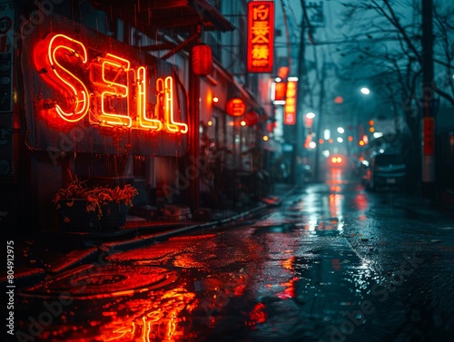 A neon sign on a wet street at night.