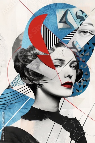 A retro collage of vintage fashion, geometric shapes and a beautiful woman's face. contemporary pop art design 80s cover.