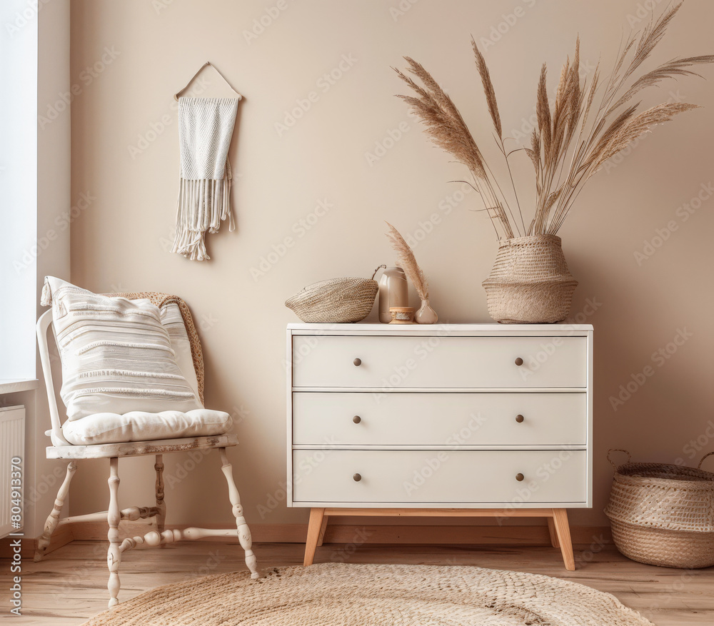 Rustic wooden dresser in an interior design room composition. Minimalistic, chic interiors. Rustic wooden dresser in an interior design room composition. Minimalistic, chic interiors.