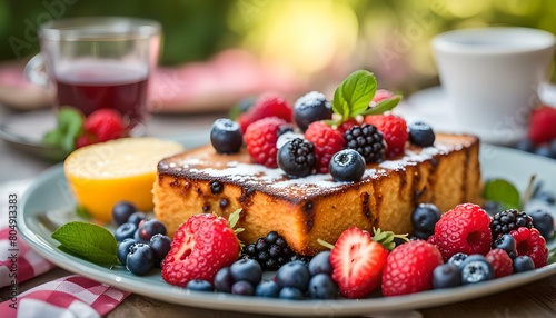 Grilled pound cake with fresh berries for an outdoor summer party 