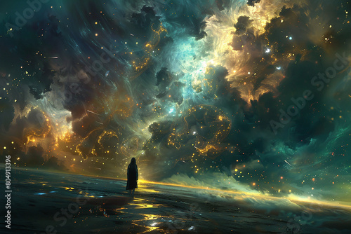 A celestial storm of ideas brews on the horizon, crackling with the energy of boundless imagination.