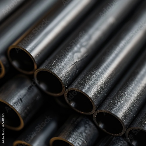 Black metal pipes of different diameters lie on top of each other.