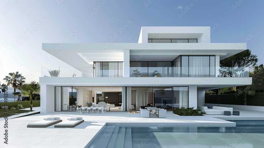 Fototapeta premium Minimalist white modern house, clear geometric shapes, emphasized verticality