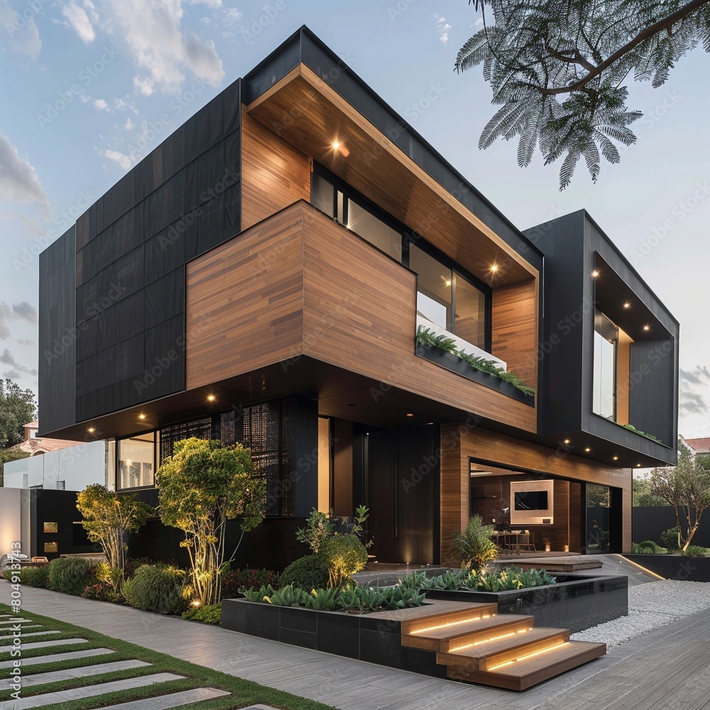 Sleek cubic house with a mix of wooden cladding and black panel walls, modern exterior