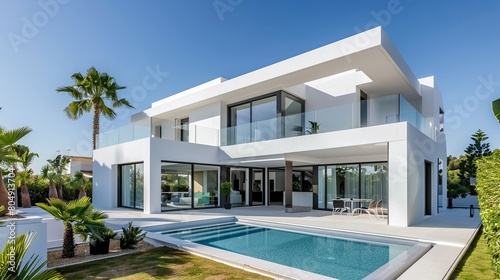 Minimalist white modern house, clear geometric shapes, emphasized verticality