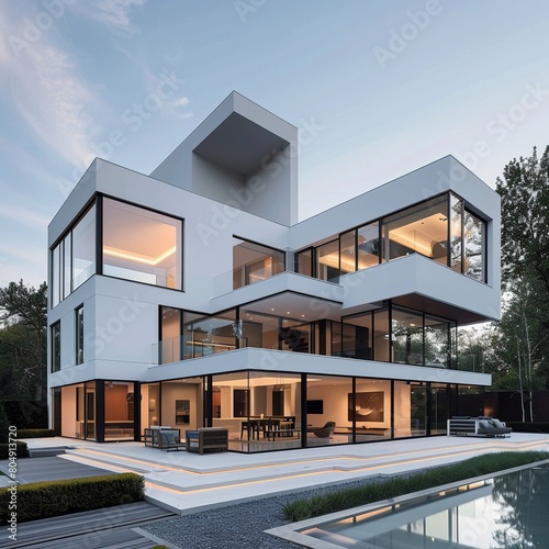 Modern minimal house with a pristine white exterior, sleek lines, expansive windows © miss[SIRI]