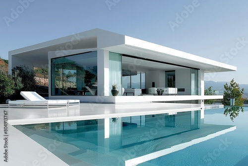 Stark white modern house, minimalist style, large glass panels, reflective surfaces © miss[SIRI]