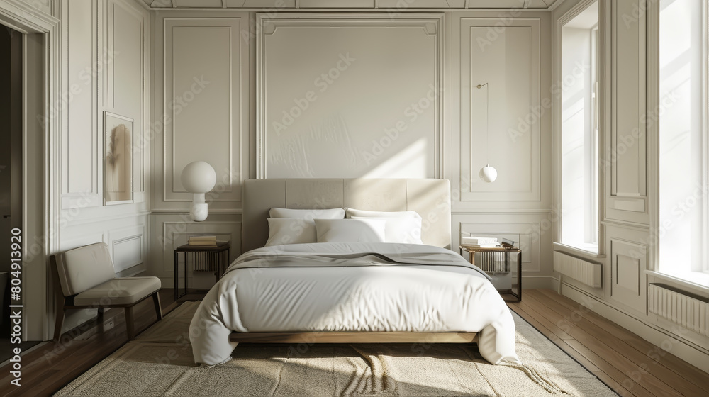 Elegant bedroom with classic design, white bedding, and warm lighting Elegant bedroom with classic design, white bedding, and warm lighting
