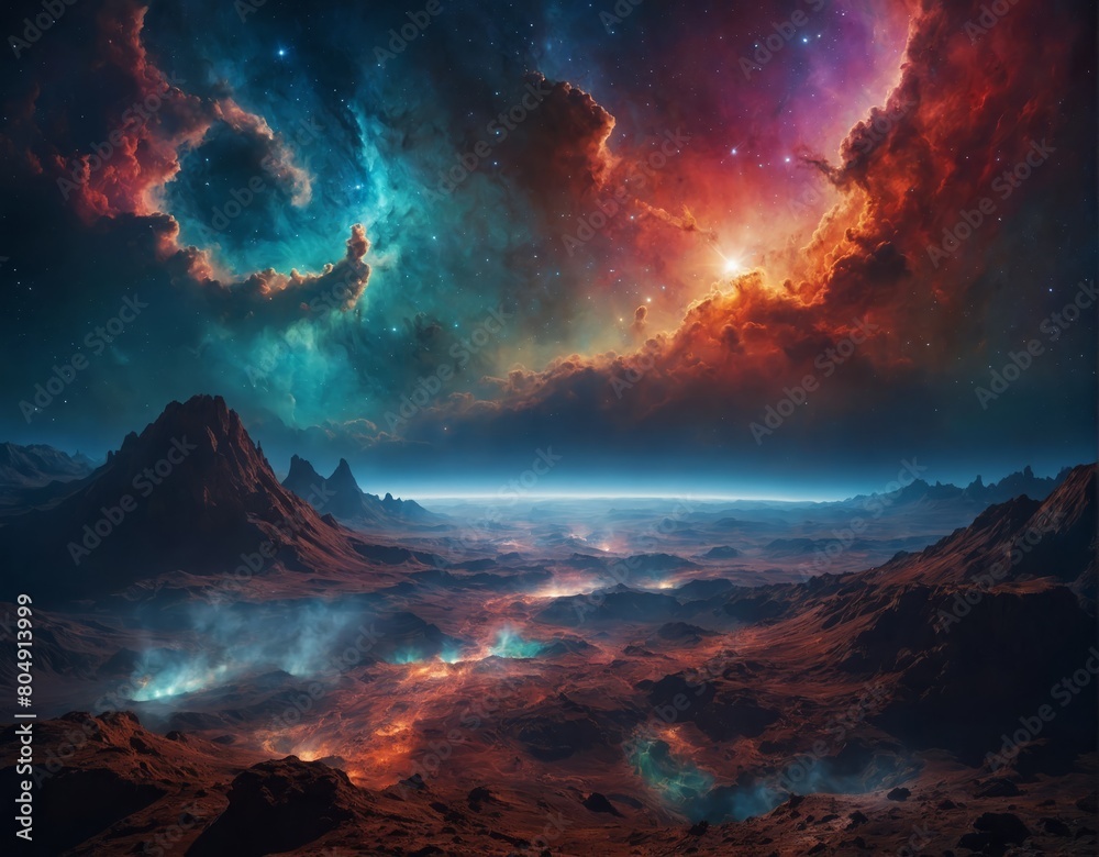 Amazing distant mystical alien landscape with breathtaking views of a mountain range and vibrant cloudy nebula with stars