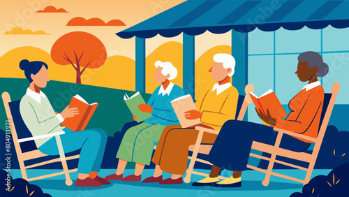 A row of rocking chairs on a porch each occupied by an elderly veteran holding a book of war stories and listening intently to each others tales.. Vector illustration