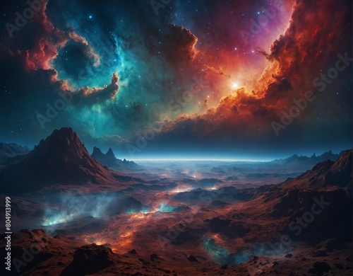 Amazing distant mystical alien landscape with breathtaking views of a mountain range and vibrant cloudy nebula with stars