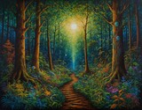 Majestic trippy fantasy forest landscape at sunset with tall trees and many beautiful flowers 
