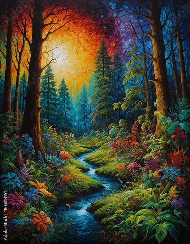 Vibrant colorful forest landscape painting with beautiful multi-colored flowers large trees winding stream and sunset