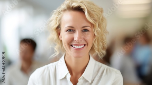 A professional businesswoman wearing a white shirt smiles at the camera in a meeting environment