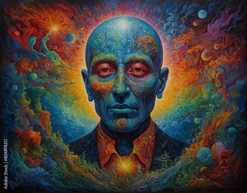 Strange mysterious painting of a bald man with bluish skin in a trippy psychedelic style with multi-colored vibrant abstract background