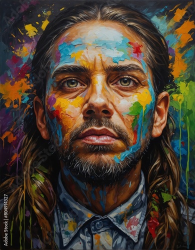 Close-up painting of mans face with long brown hair and a beard wearing a blue collared shirt with paint splatter on face and in the background