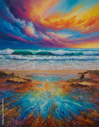Dreamlike beach landscape painting featuring a cloudy colorful sunset in the sky and waves crashing onto a beach