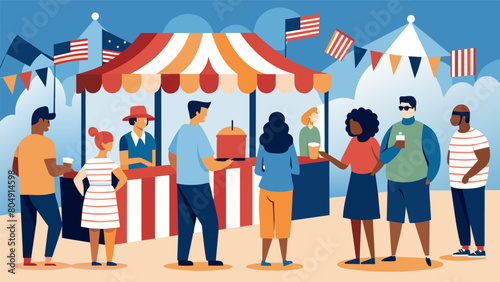 In between events spectators mingle in the patrioticthemed vendor area browsing through booths selling patriotic merchandise and food.. Vector illustration