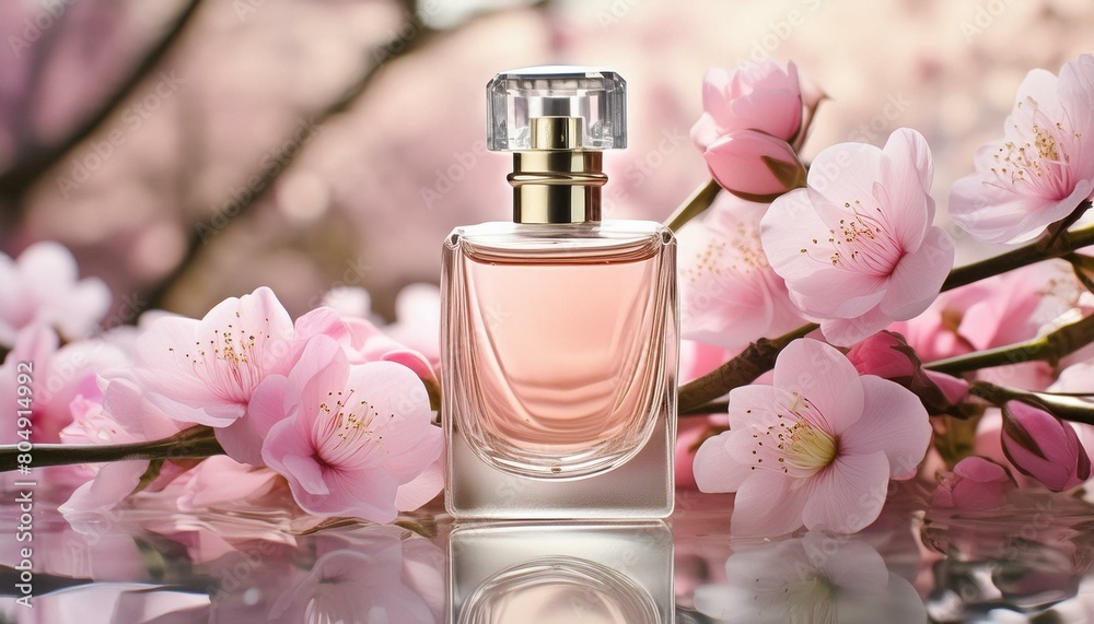 Fragrant Petals: Perfume Bottle Mockup Adorned with Pink Flowers Fragrant Petals: Perfume Bottle Mockup Adorned with Pink Flowers