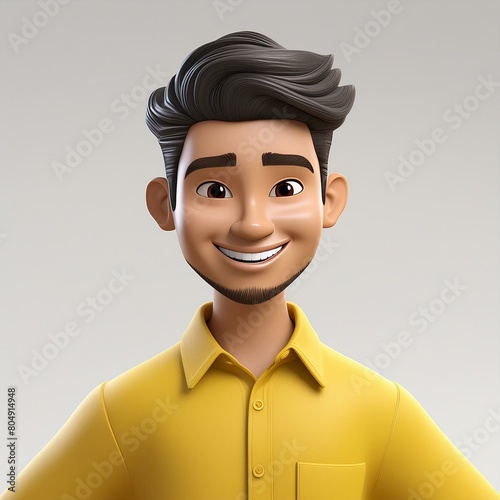 Smiling Asian cartoon character young man male person wearing yellow shirt in 3d style design on light background. Human people feelings expression concept