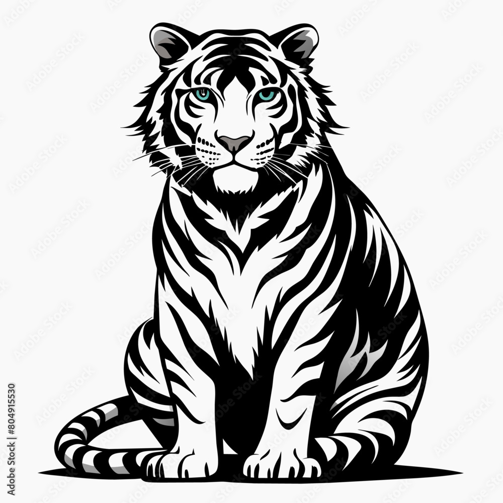 Fototapeta premium Tiger pose vector silhouette, flat style black color illustration, isolated white background (5)