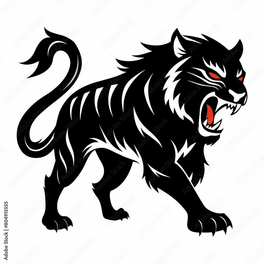 Tiger pose  vector silhouette, flat style black color illustration, isolated white background (12)