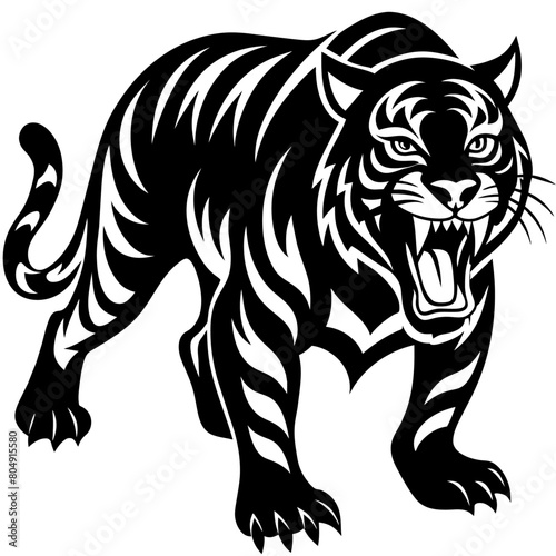 Tiger pose vector silhouette, flat style black color illustration, isolated white background (18)