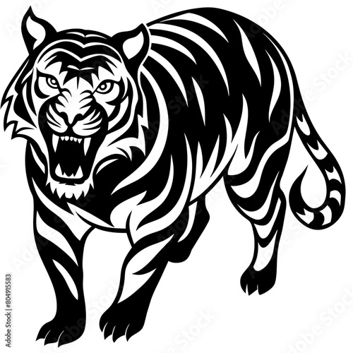 Tiger pose  vector silhouette, flat style black color illustration, isolated white background (19) © Dream Is Power