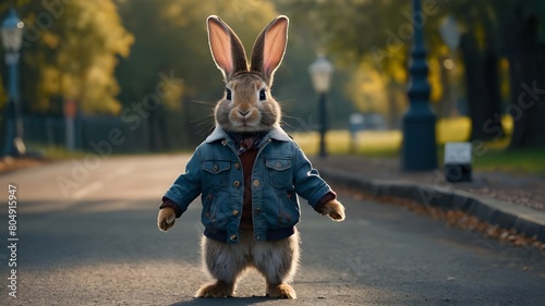 Enchanting Bunny in the Park  A Dashing Rabbit  Cheerfully Waving  Embarking on an Adventure - Discover the Delightful Realm of this Cute Rabbit  Dressed in Trendy Attire  Overflowing with Charm and J