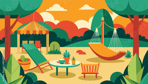 A garden designed with a variety of seating options from rocking chairs to hammocks allowing visitors to find their ideal spot for relaxation.. Vector illustration