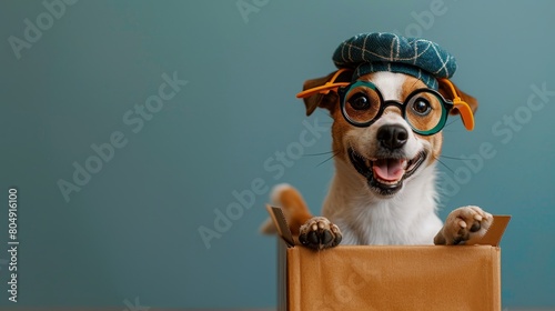  A smiling Jack Russell Terrier wearing toy glasses and a beret hat popping out of a gift box!, solid background,Jack Russell Terrier photo