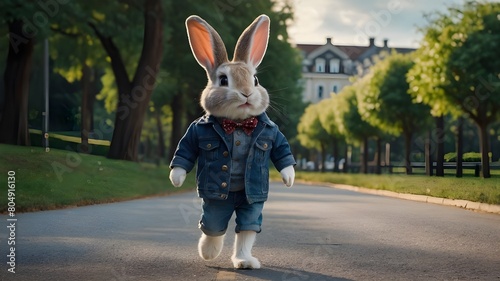 Friendly Rabbit in the Park Closeup of a Charming Bunny Wearing a Jacket  Waving While Standing on the Road  Charming Rabbit Adventure Adorable Closeup of a Bunny in a Jacket  Enjoying the Day