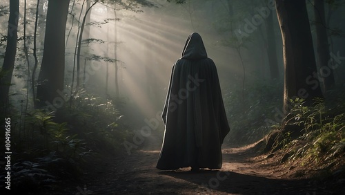 Mysterious dark forest with fog and a woman in a black cloak