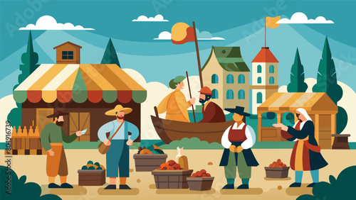 A replica of a colonial marketplace showcasing the goods and trade that fueled the economy during the time of the Revolution.. Vector illustration