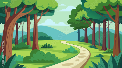 A winding trail through a forest surrounded by lush greenery and the sounds of nature perfect for a mindful stroll.. Vector illustration