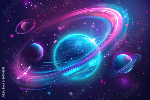Dynamic neon galaxy with glowing stars and planets. Captivating cosmic scene on black background.