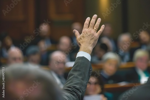 Closeup of a shareholder raising a question during a town hall meeting  with executives responding on stage