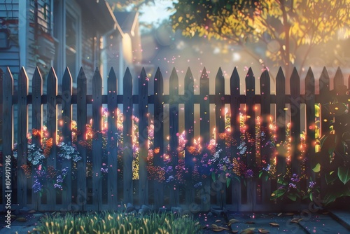 Interactive holographic fence in a residential area, mimicking a traditional picket fence but with moving floral motifs photo