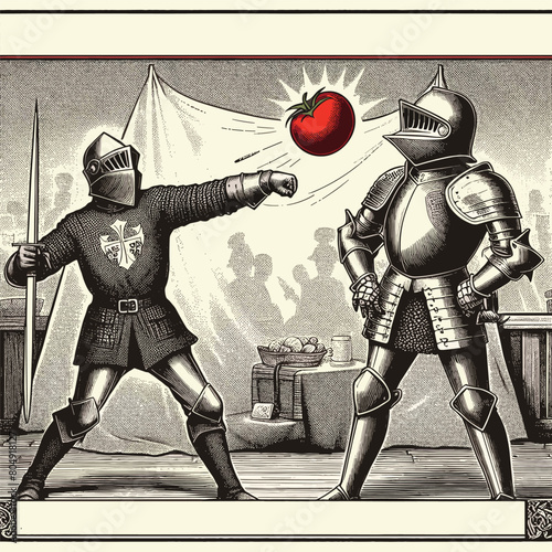 Two Knight Fighting and Wearing Medieval Knight Armor Engraved Style