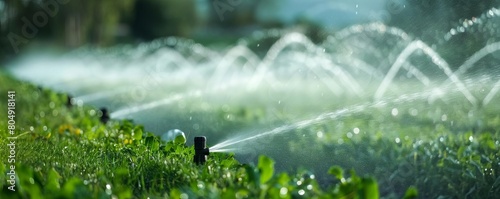 Row of motion activated sprinklers activating sequentially in a commercial farm field, efficient irrigation method photo
