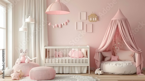 This playful nursery room boasts a white crib, pink accents, and soft toys creating a fun yet peaceful space photo